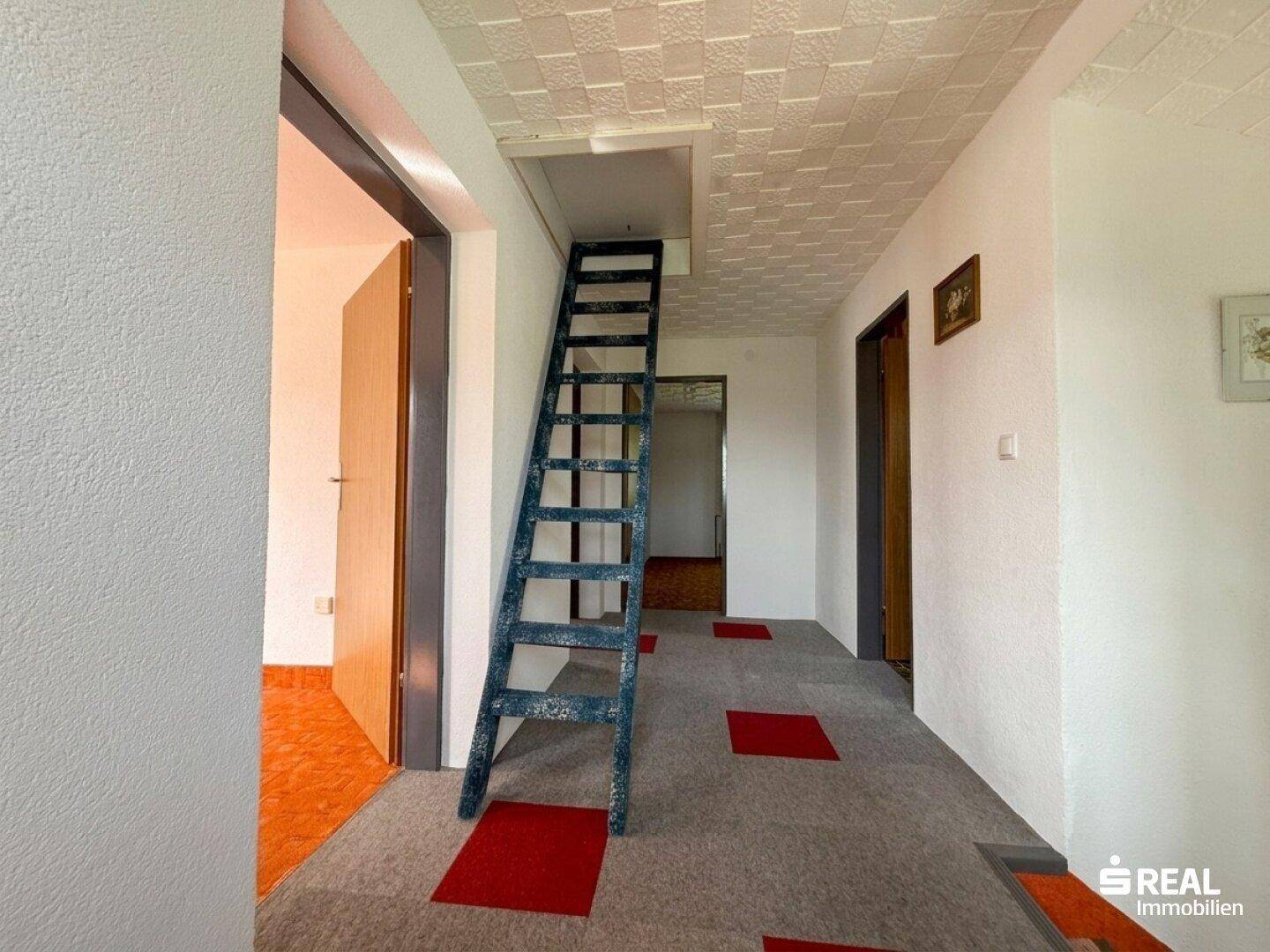 Flur mit Teppichboden und einer Leiter, die zum Dachboden oder einer oberen Ebene führt.