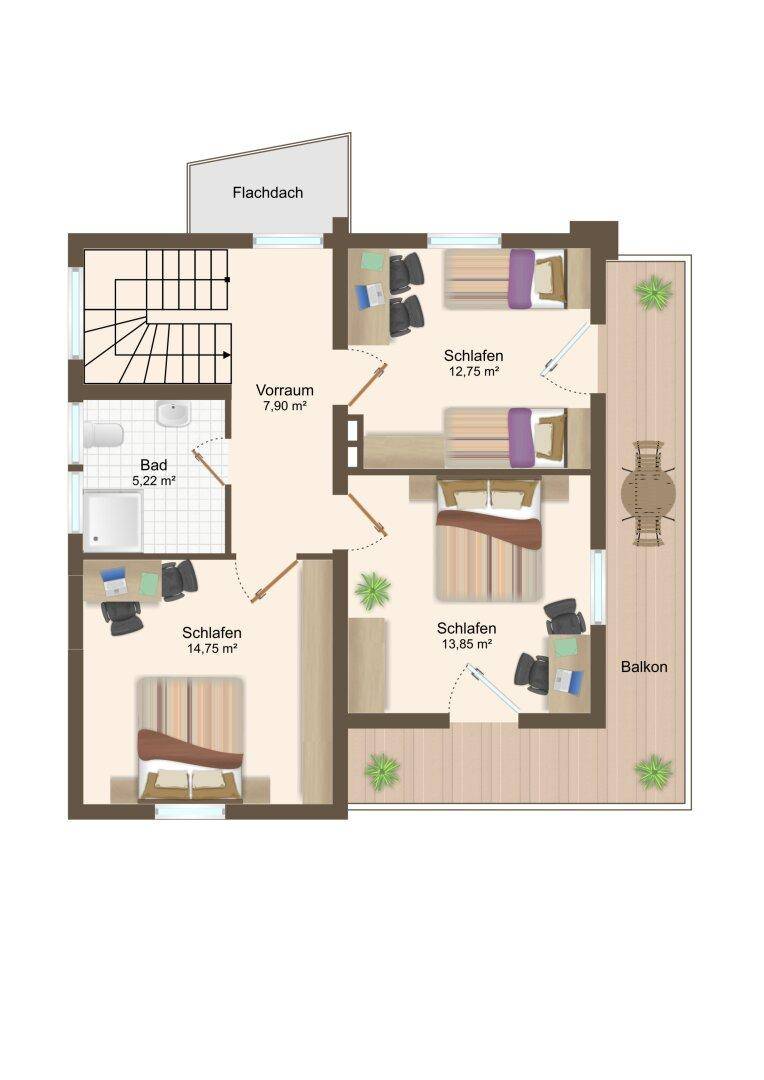 Grundriss des Obergeschosses mit drei Schlafzimmern, Bad und Balkon.
