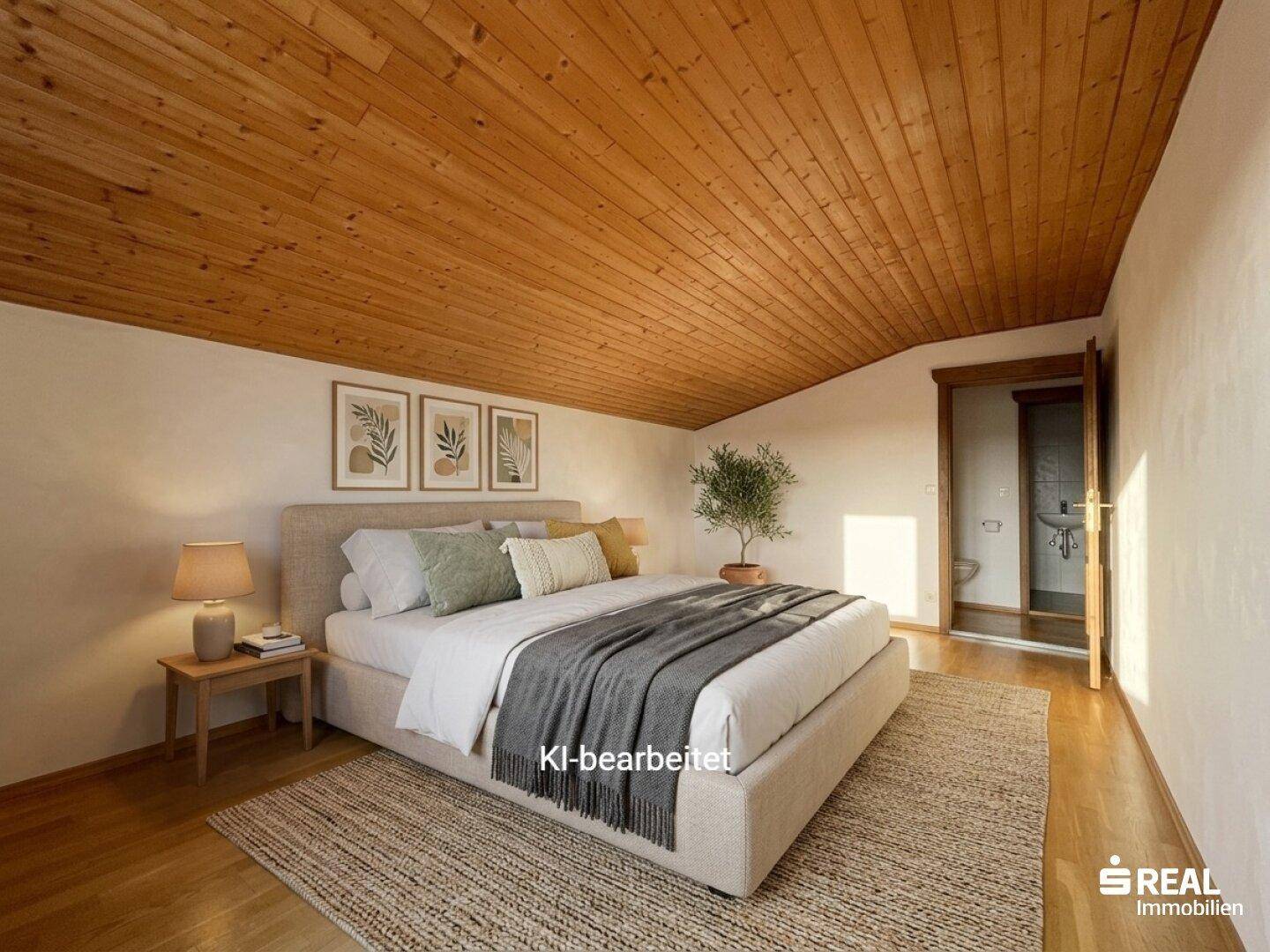 KI-bearbeitetes Schlafzimmer mit Holztäfelung an der Dachschräge und gemütlicher Einrichtung.