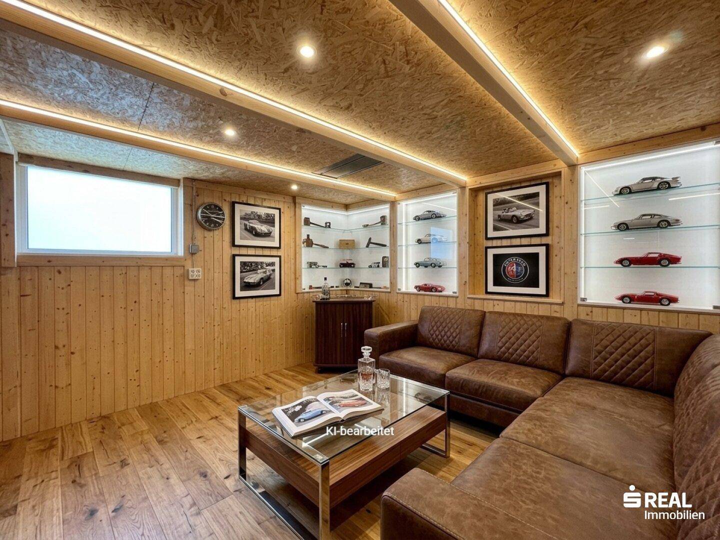 Gemütliches Wohnzimmer mit Ledersofa, Holztäfelung und beleuchteten Vitrinen für Sammlerstücke.