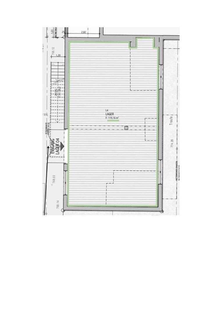 Grundrissplan eines Lagerraums mit eingezeichneter Fläche von 118,14 m².