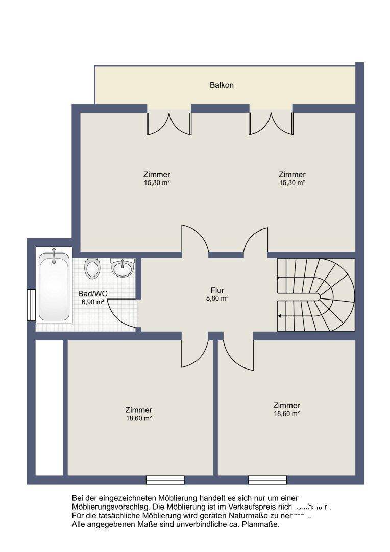 Grundrissplan mit vier Zimmern, einem Bad/WC und einem Balkon, ideal für eine Familie.