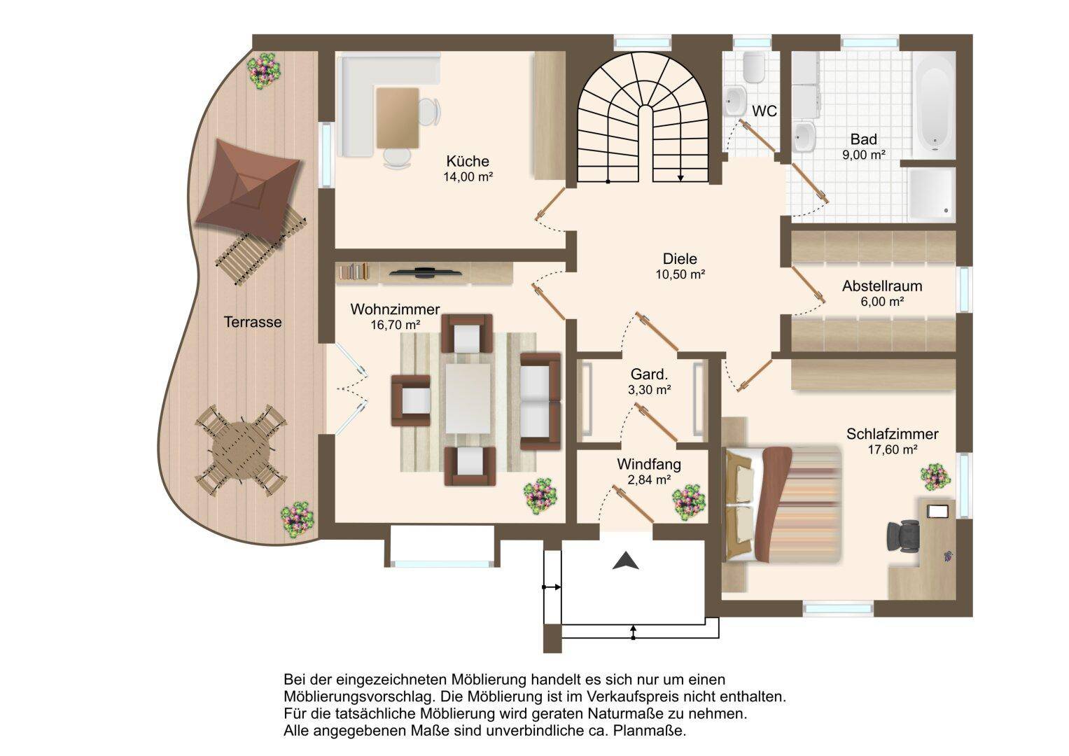 Grundriss des Erdgeschosses mit Wohnzimmer, Küche, Schlafzimmer und Terrasse.