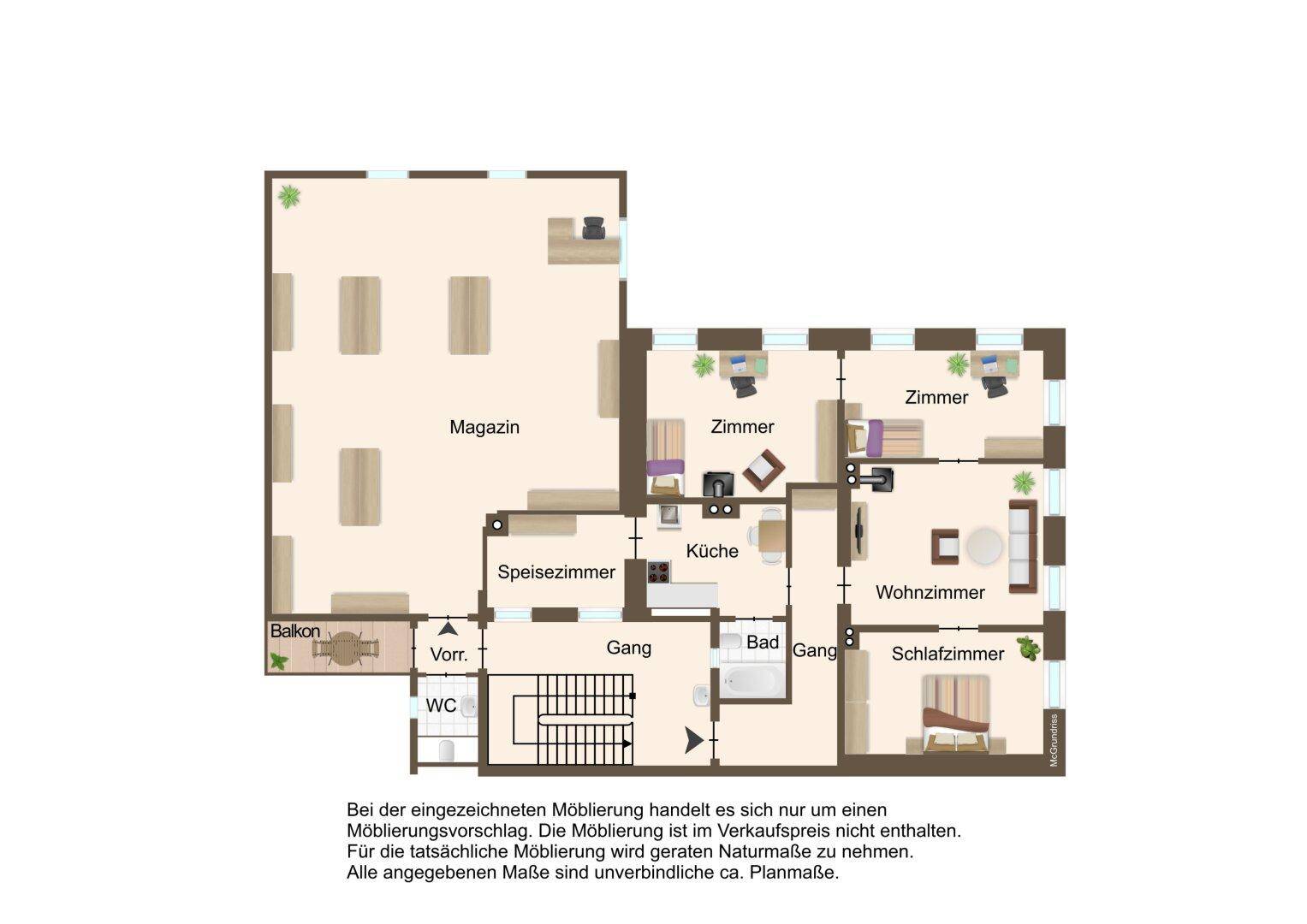 Detaillierter Grundriss mit Wohnzimmer, Schlafzimmer, Küche, Bad, WC und Balkon.