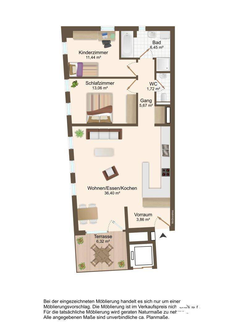 Grundriss der Wohnung mit Wohn-/Essbereich, zwei Schlafzimmern und Terrasse.