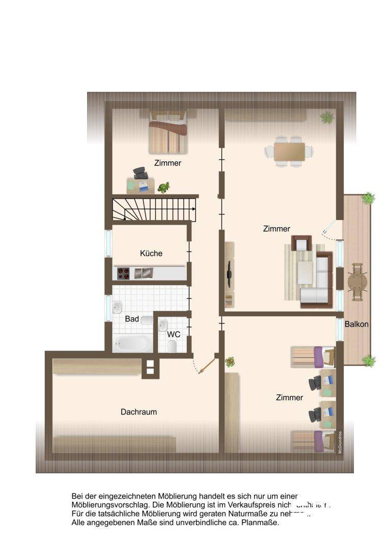 Grundriss des Obergeschosses mit Schlafzimmern, Bad, separatem WC, Küche und einem Balkon.