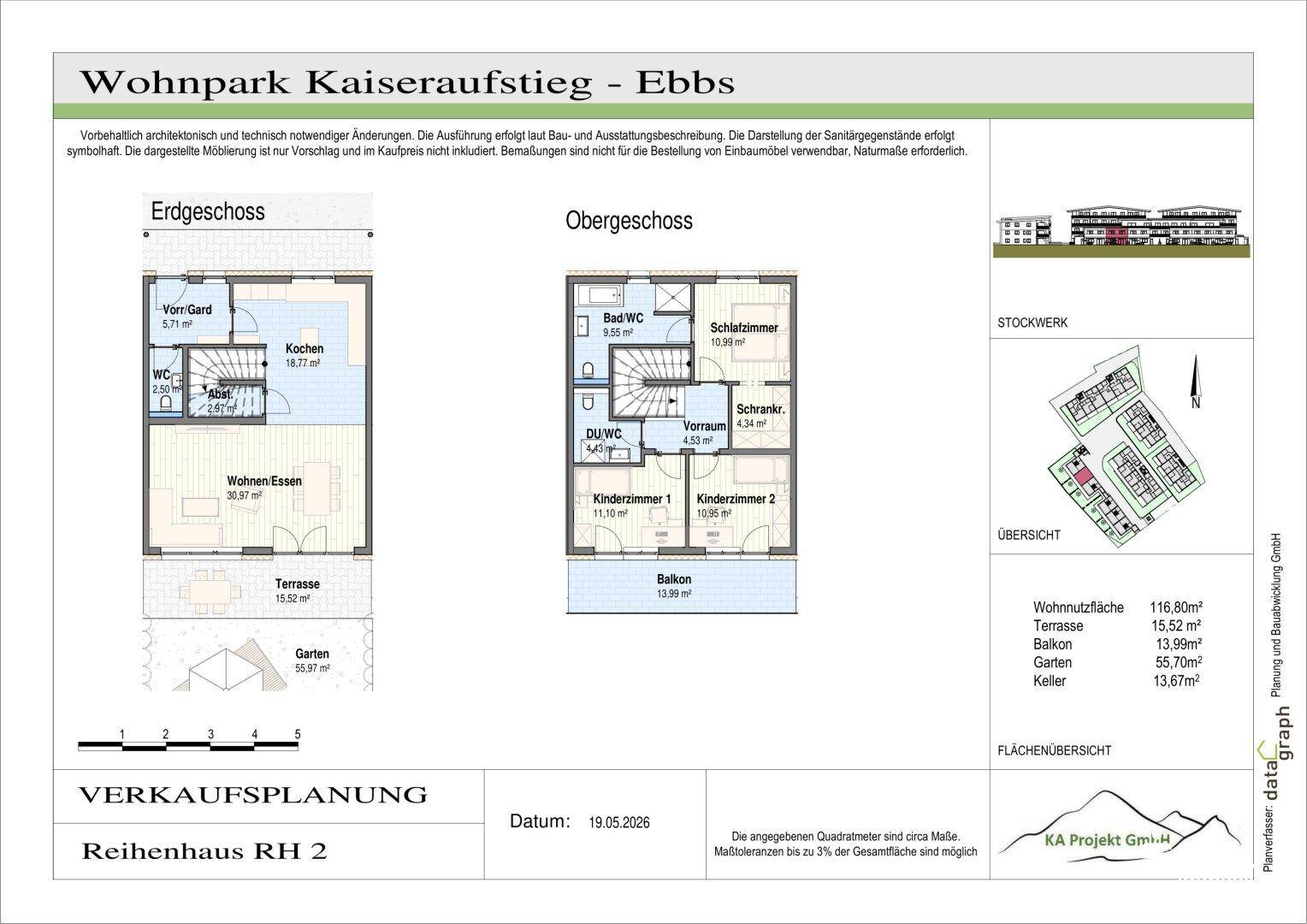 Grundriss des Reihenhauses RH 2 mit Erdgeschoss und Obergeschoss, inklusive Flächenübersicht.
