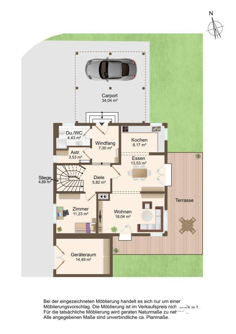 Grundriss des Erdgeschosses mit Carport, Terrasse, Wohn- und Essbereich.