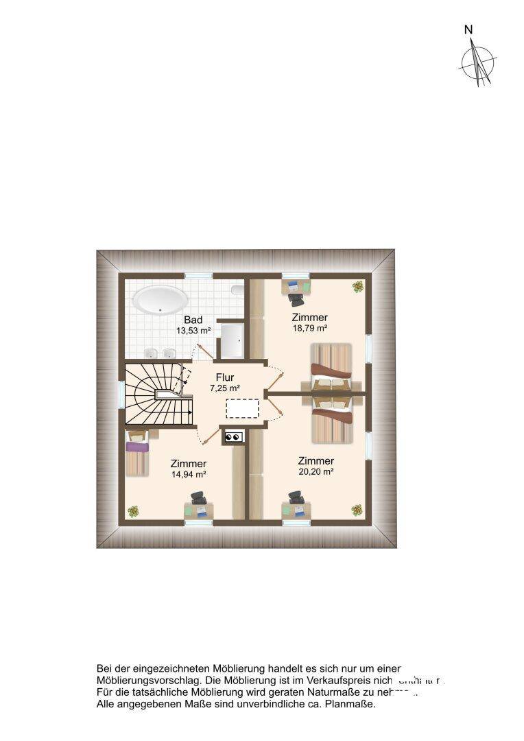 Grundriss des Obergeschosses mit drei Schlafzimmern, einem Badezimmer und einer eleganten Wendeltreppe.