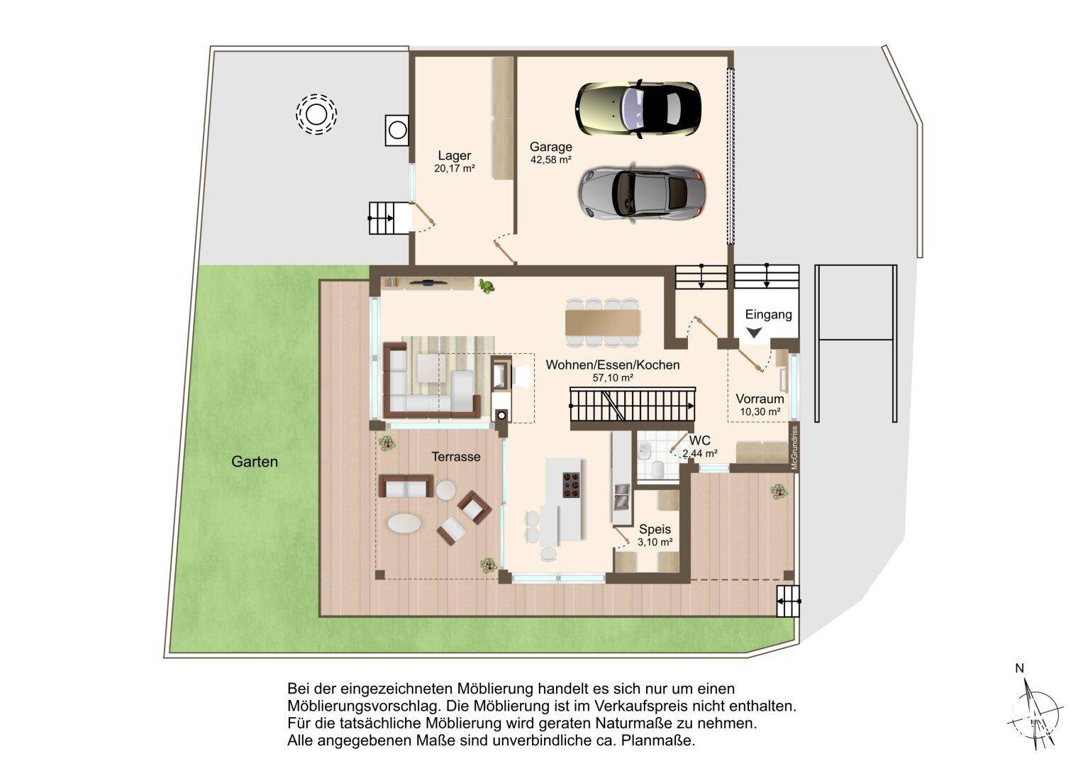 Grundriss des Erdgeschosses mit offenem Wohn-Essbereich, Küche, Terrasse, Garten und Doppelgarage.
