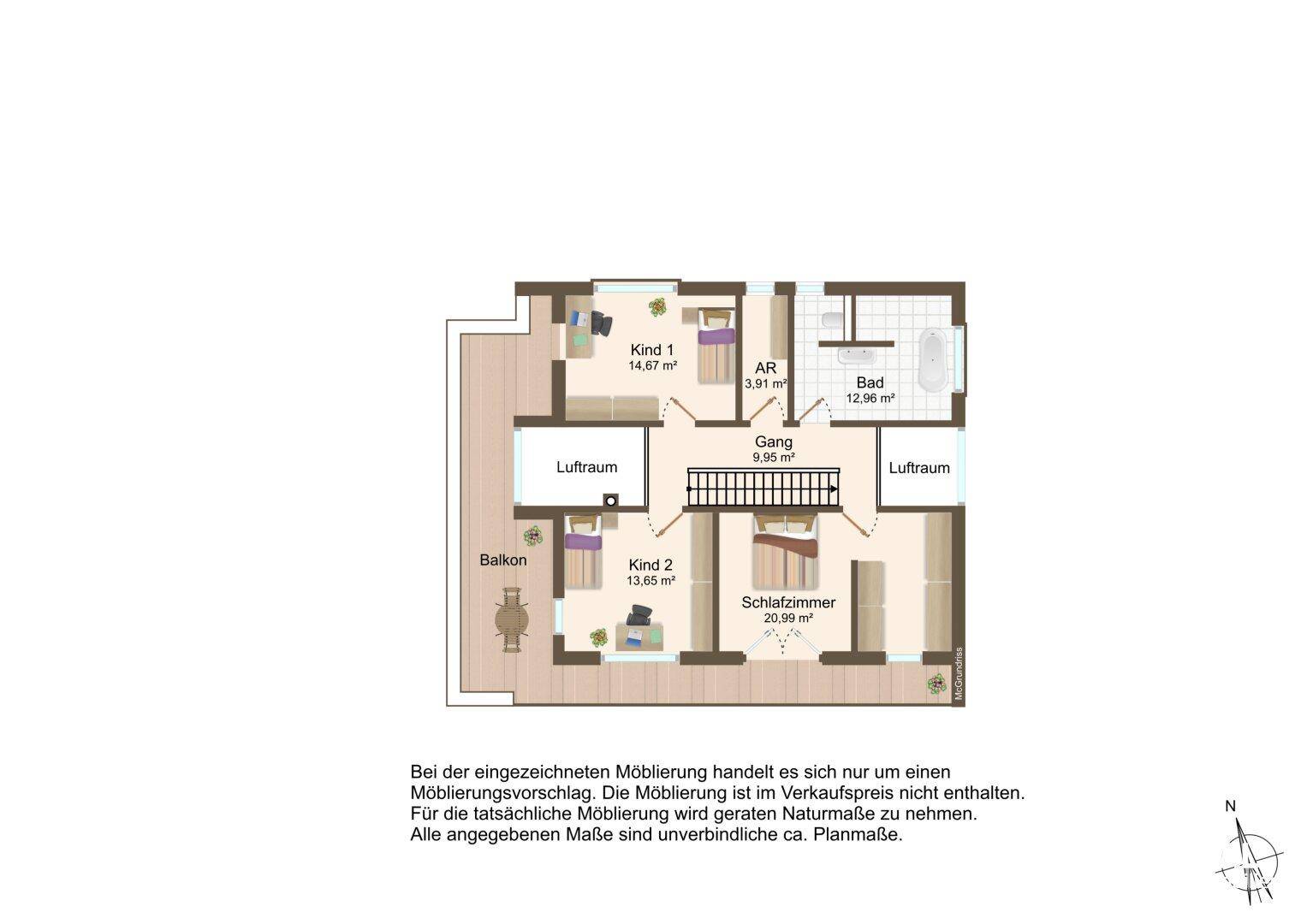 Grundriss des Obergeschosses mit drei Schlafzimmern, Badezimmer und einem Balkon.