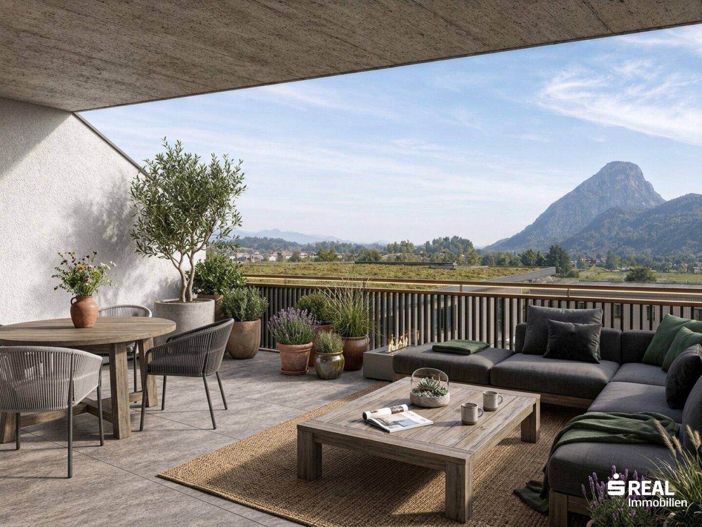 Geräumige Terrasse mit modernen Gartenmöbeln und atemberaubendem Bergblick.