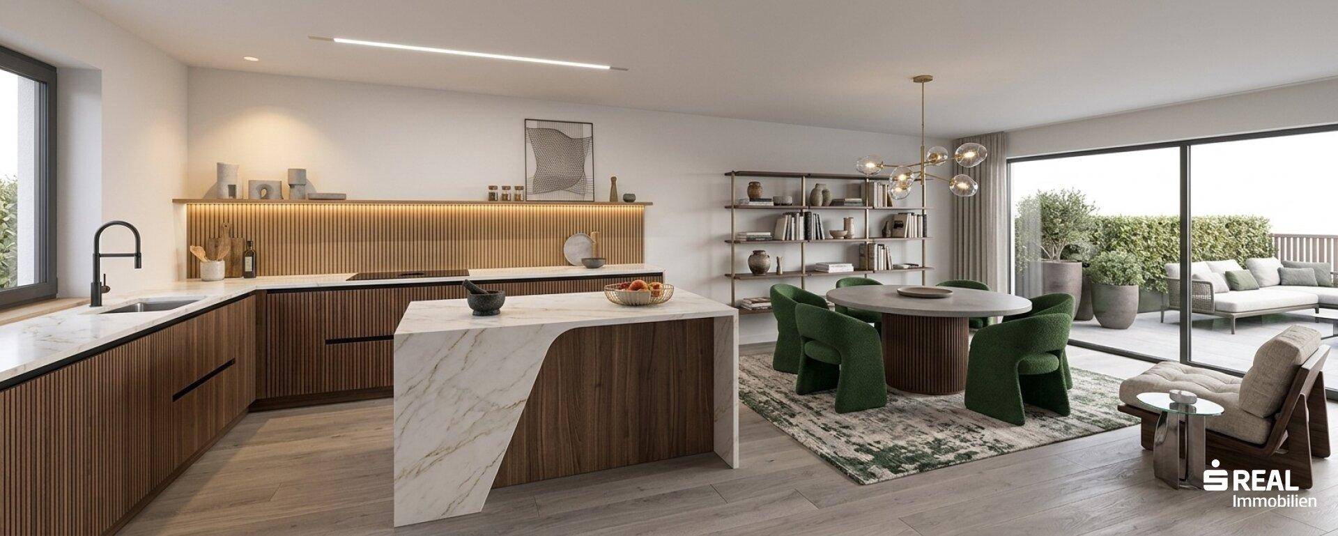 Moderne offene Küche mit Holzfronten, Marmorinsel und Essbereich mit Zugang zur Terrasse.