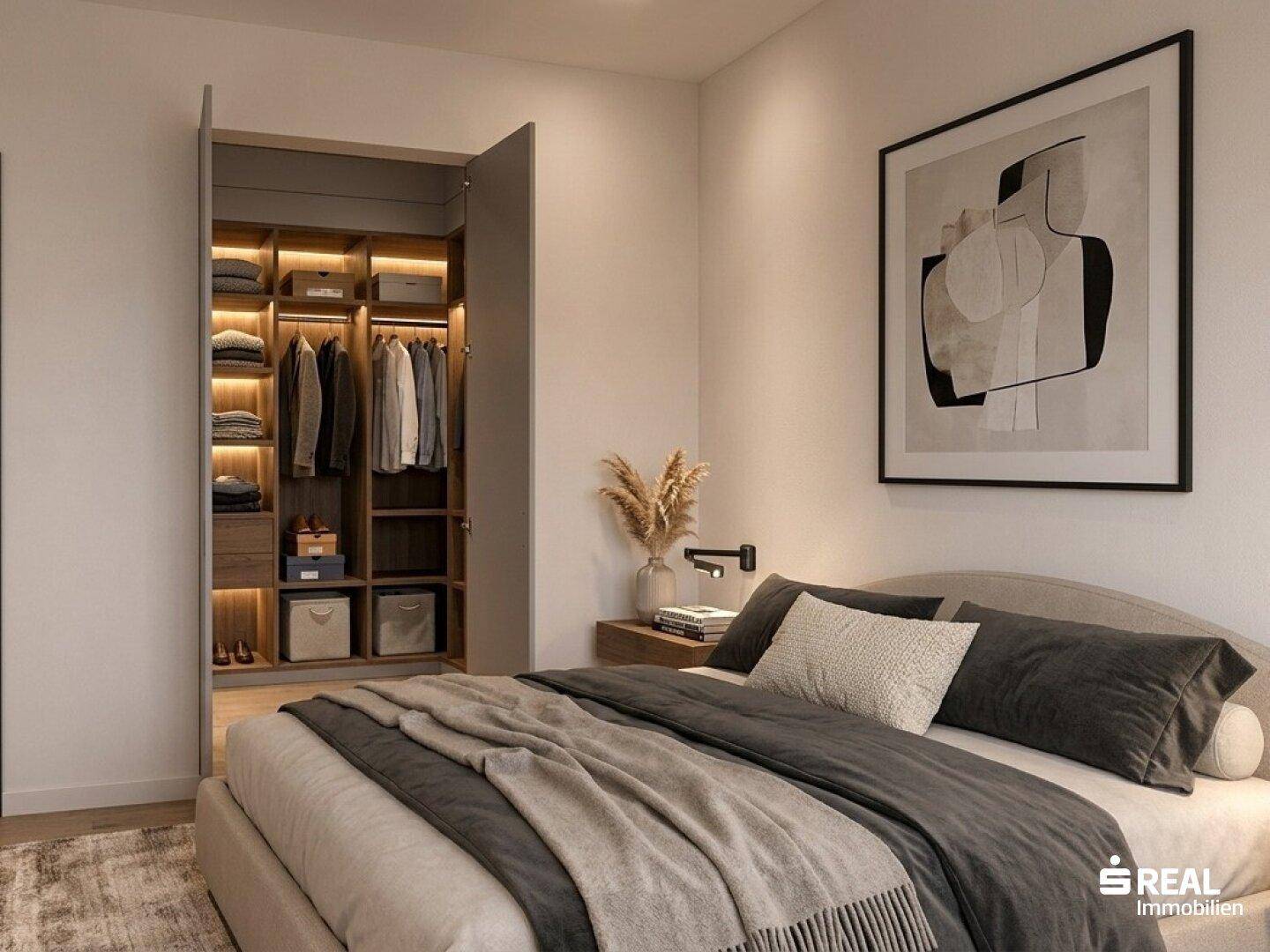 Gemütliches Schlafzimmer mit Doppelbett und integriertem, beleuchtetem Kleiderschrank.