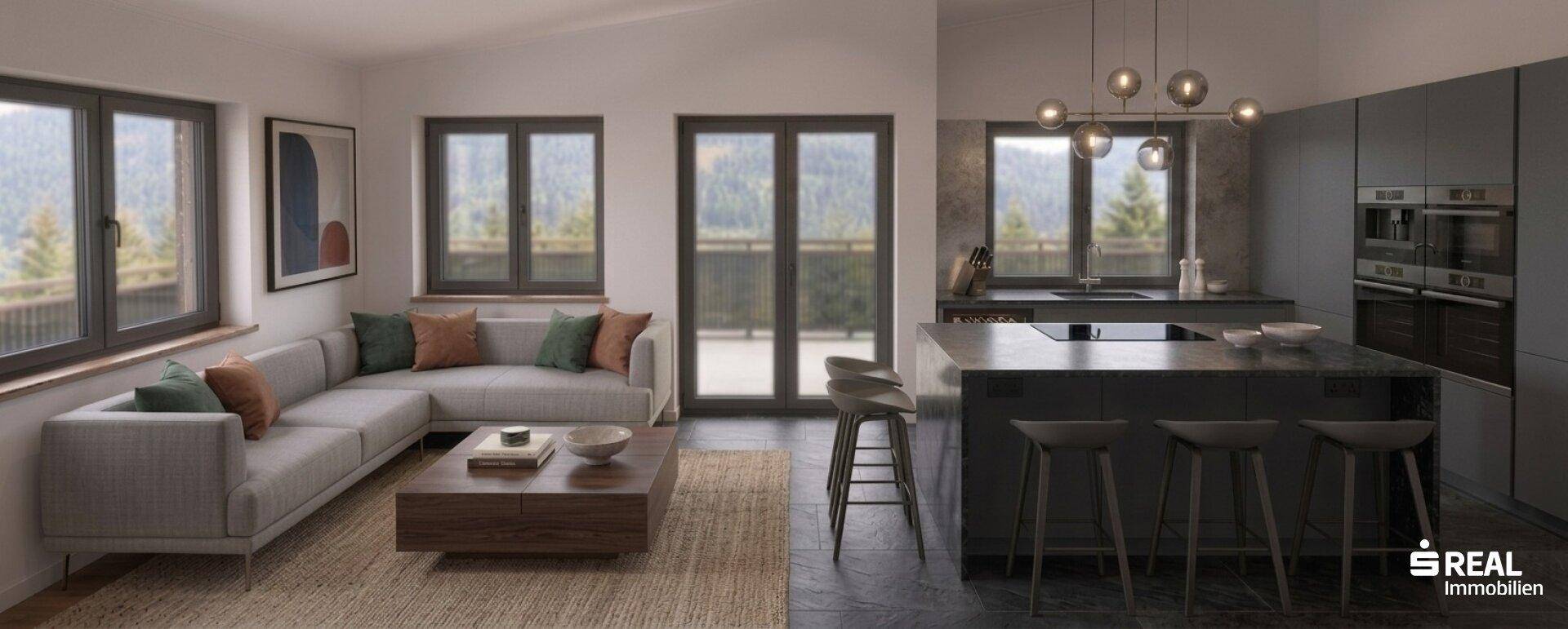Moderner offener Wohnbereich mit integrierter Küche, gemütlichem Sofa und Bergblick.