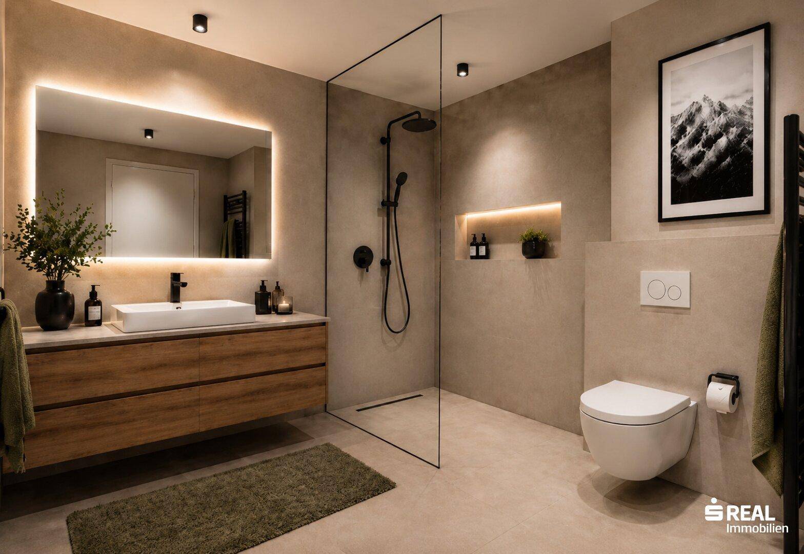 Elegantes Badezimmer mit begehbarer Dusche, schwebendem Waschtisch und beleuchtetem Spiegel.