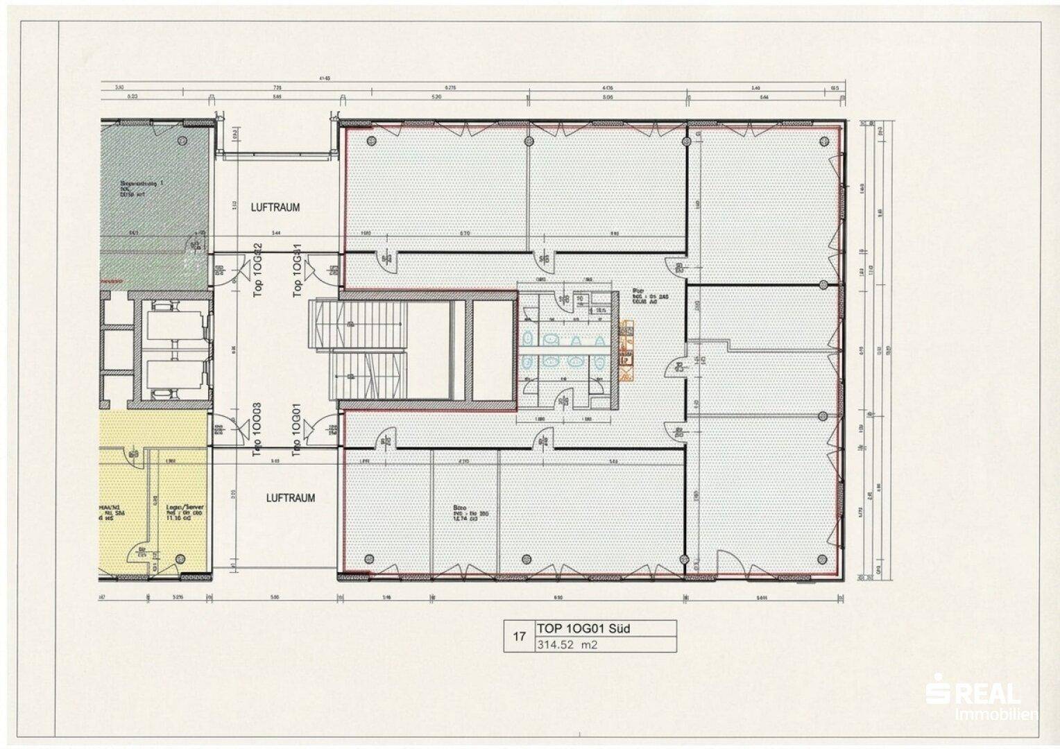 Grundrissplan einer Büroetage mit mehreren Räumen, Treppenhaus und Sanitärbereichen.