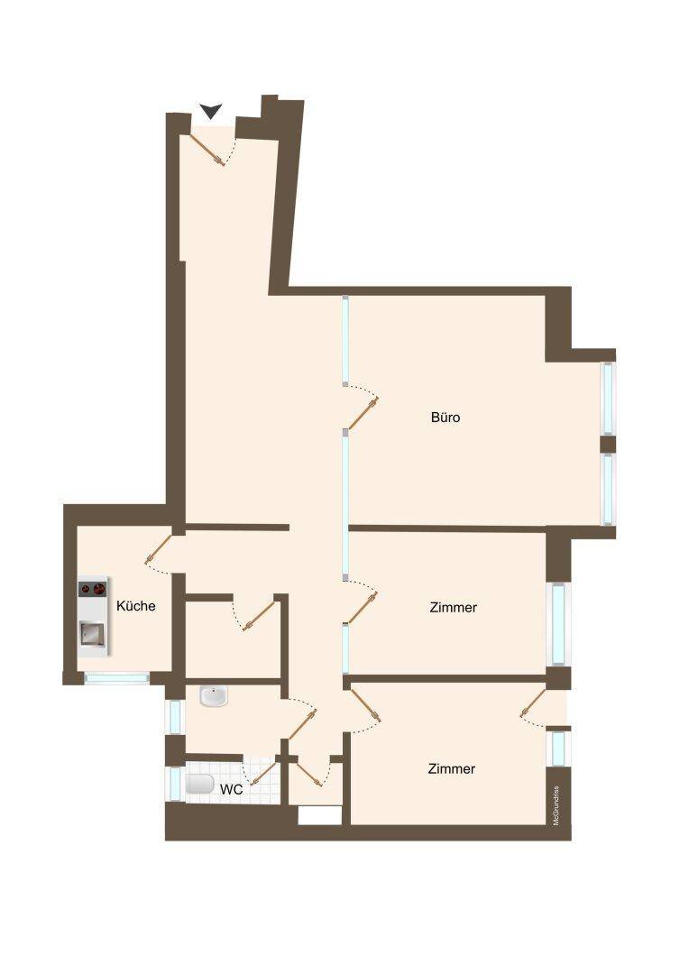 Grundrissplan einer Etage mit Büro, Zimmern, Küche und WC, übersichtlich dargestellt.