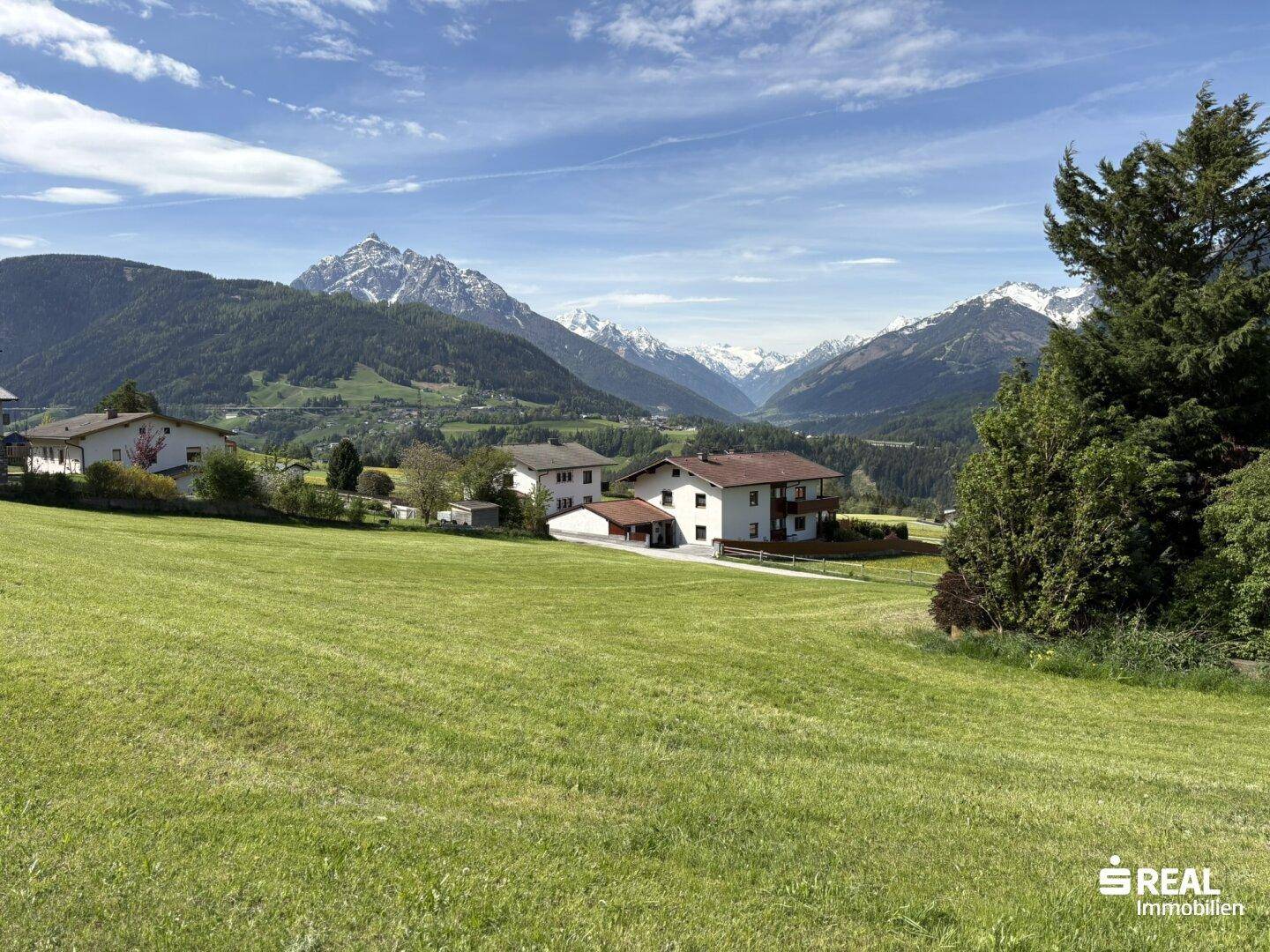 Weitläufige grüne Landschaft mit vereinzelten Häusern und majestätischen schneebedeckten Bergen unter blauem Himmel.