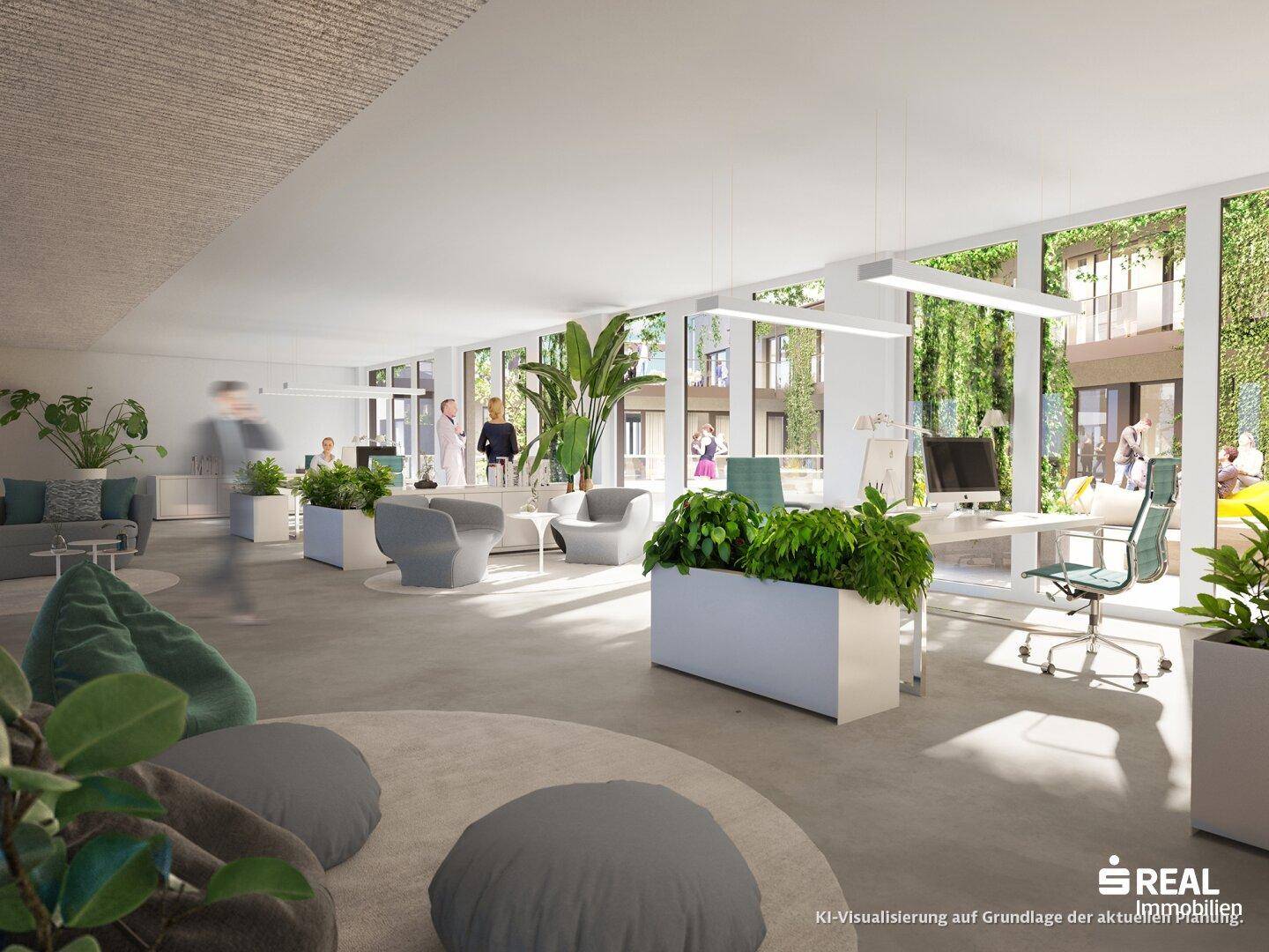 atrium3 - Helles Büro mit Blick ins begrünte Atrium.