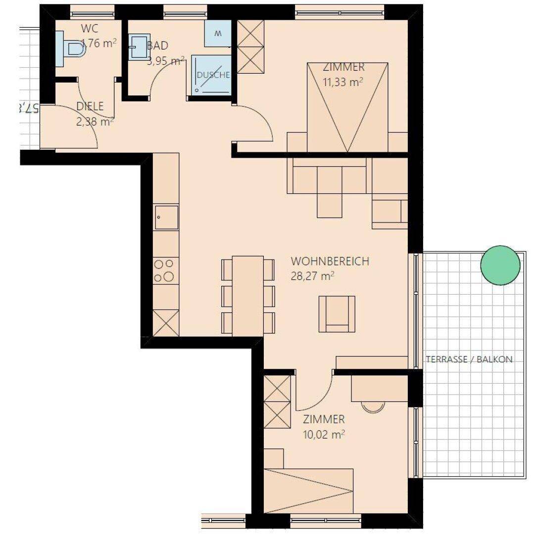 Grundriss einer Wohnung mit Wohnbereich, zwei Zimmern, Bad und Terrasse/Balkon.