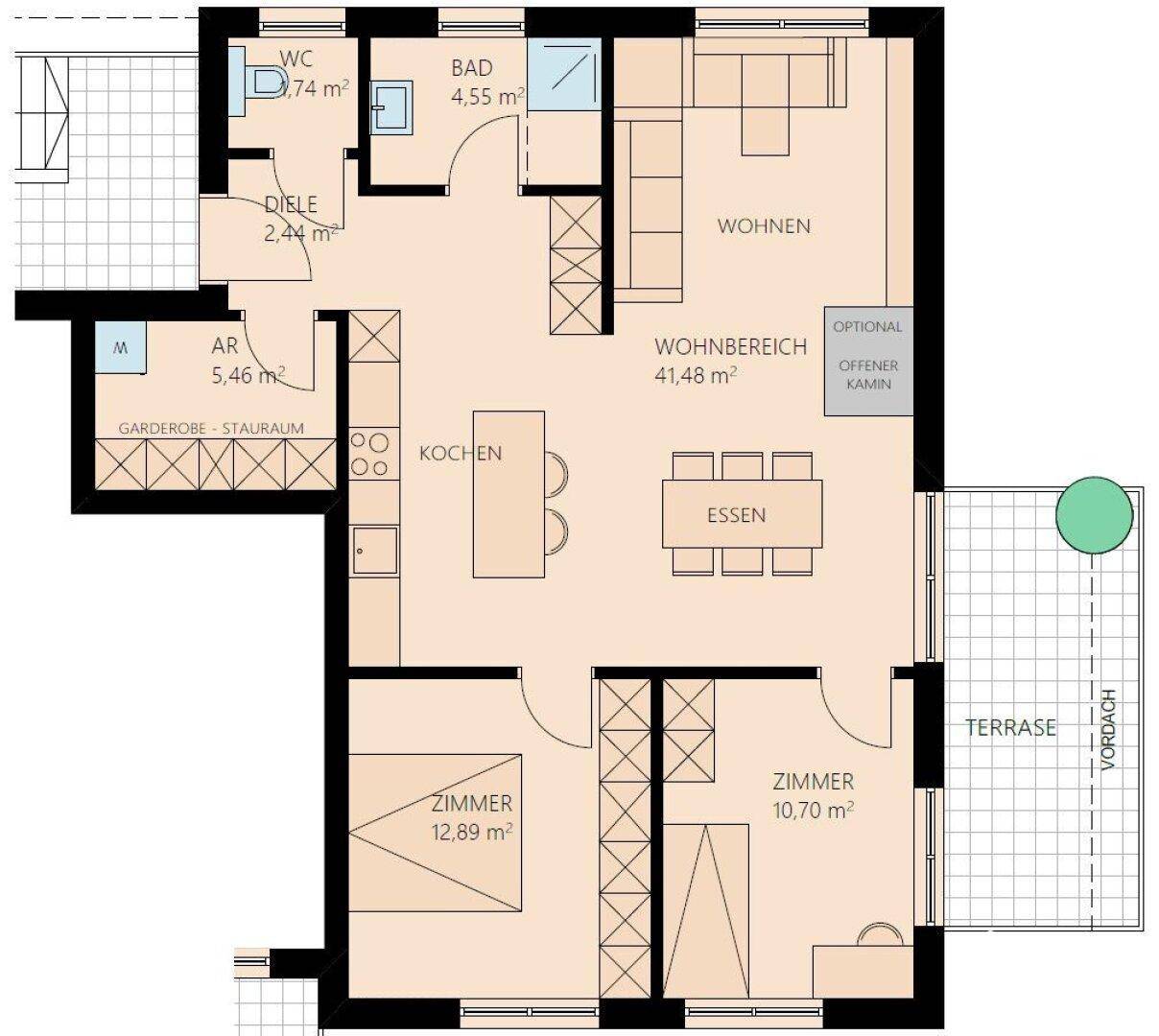 Detaillierter Grundriss einer Wohnung mit offener Küche, Wohnbereich, zwei Zimmern und Terrasse.