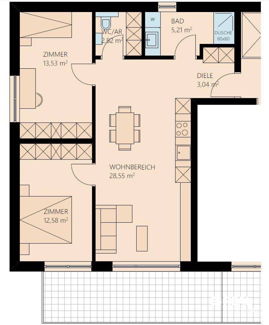 Grundriss einer Wohnung mit offenem Wohnbereich, zwei Zimmern, Bad und separatem WC sowie Balkon.