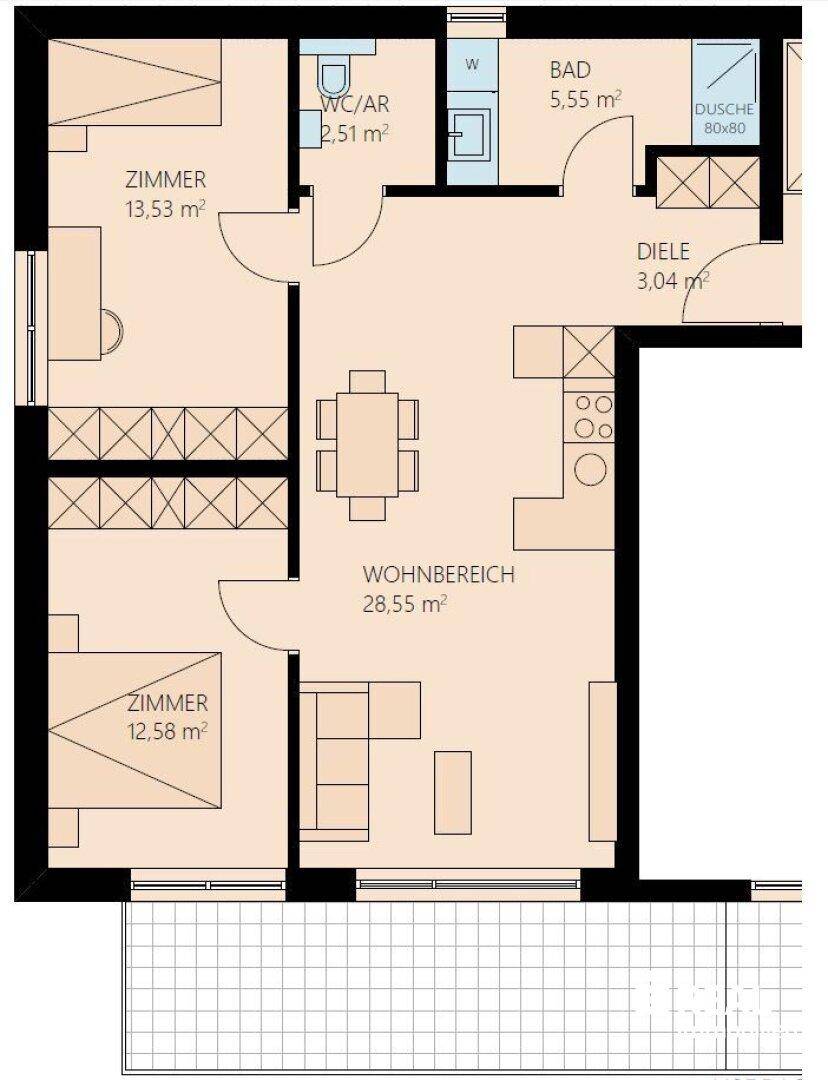 Übersichtlicher Grundriss mit offenem Wohnbereich, zwei Zimmern und Balkonzugang.