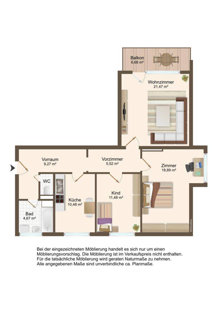 Detaillierter Grundriss der Wohnung mit Raumaufteilung und Balkon, inklusive Möblierungsvorschlag.