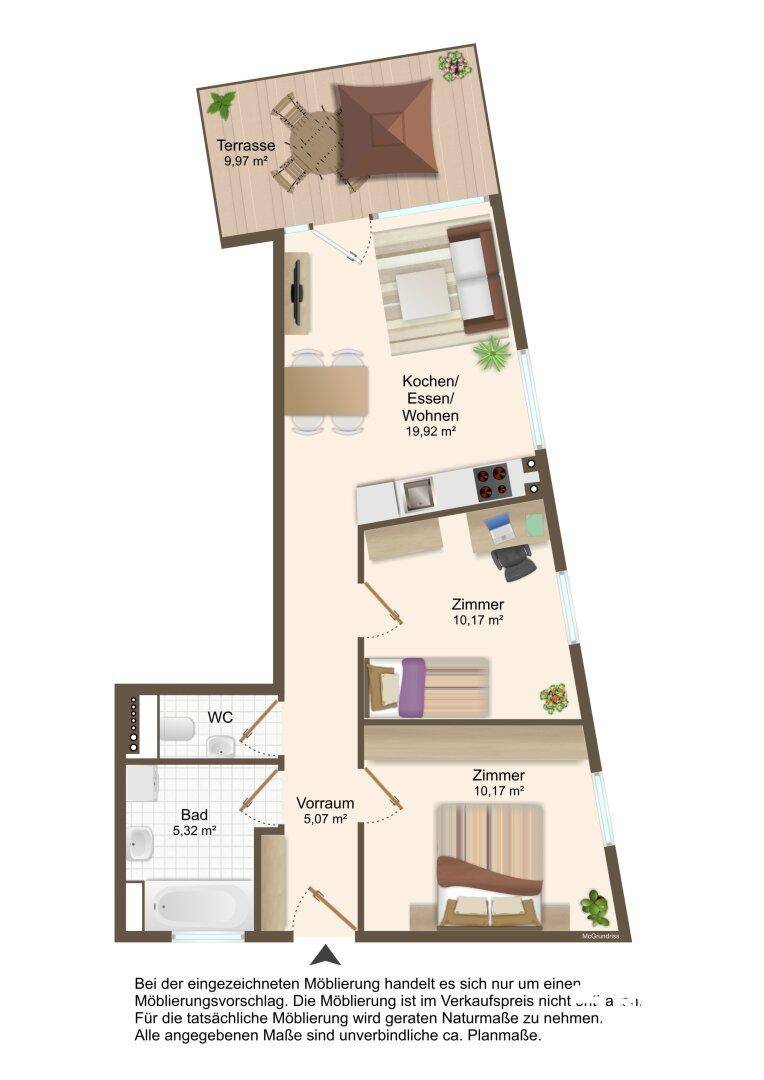 Grundriss der Wohnung mit offener Wohnküche, zwei Schlafzimmern und Balkon.