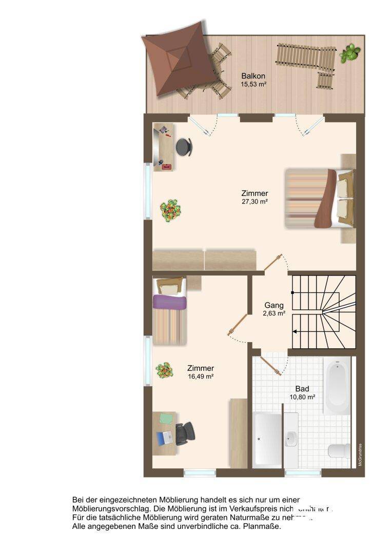 Grundriss des Dachgeschosses mit zwei Schlafzimmern, Bad und Balkon.
