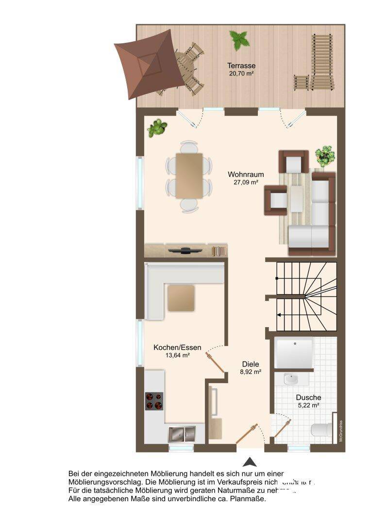 Grundriss des Obergeschosses mit Wohnzimmer, Küche, Dusche und Terrasse.