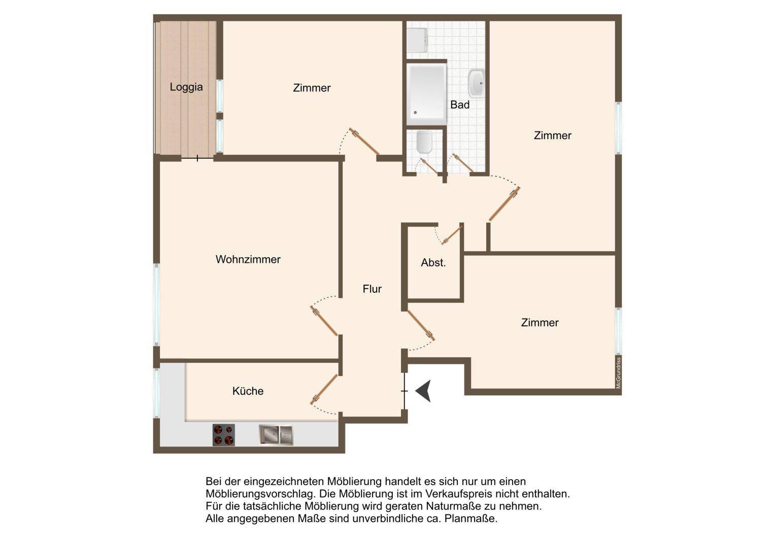 Detaillierter Grundriss der Wohnung mit Wohnzimmer, Küche, drei Zimmern und Loggia.