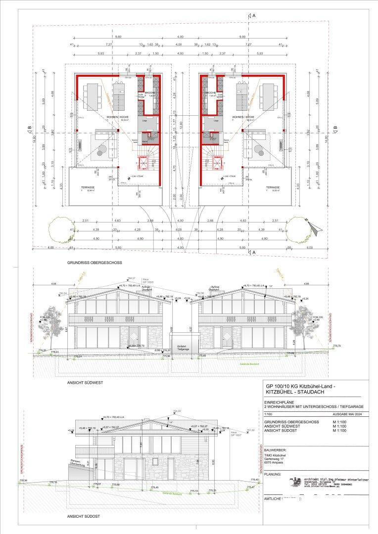 Grundriss des Obergeschosses und Ansichten der Südwest- und Südostfassaden der Doppelhäuser.
