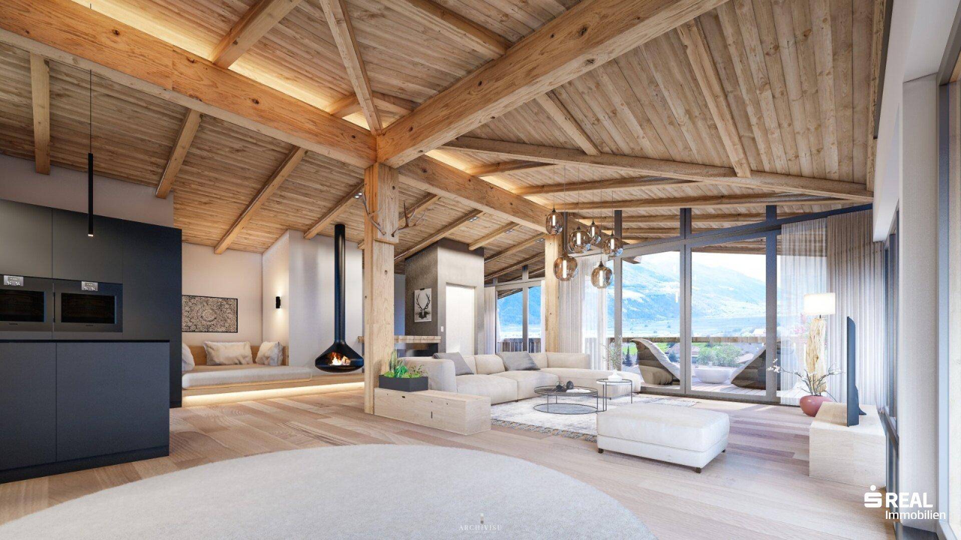 Geräumiges Wohnzimmer mit hohen Holzdecken, modernem Kamin und Panoramafenstern mit Bergblick.