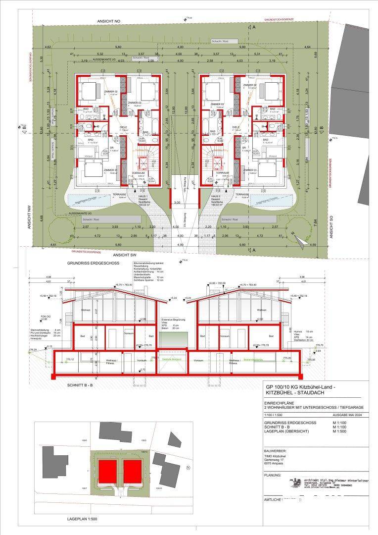 Grundriss des Erdgeschosses mit Lageplan und Schnittansicht der Doppelhäuser.