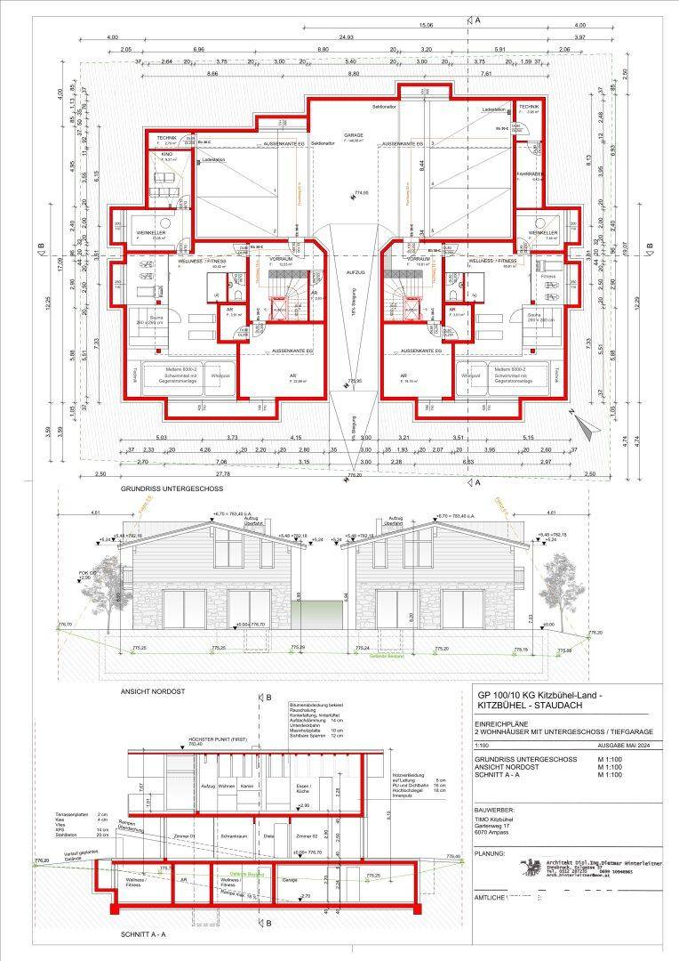 Grundriss des Untergeschosses mit Ansichten der Gebäudefassaden von Nordost und Schnittansicht.