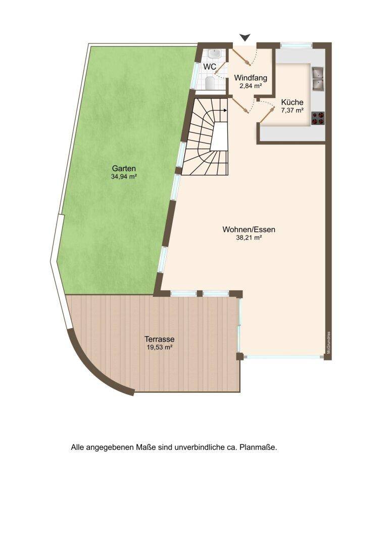 Grundriss mit offenem Wohn-Essbereich, Küche, WC, Terrasse und Garten, inklusive Treppenaufgang.