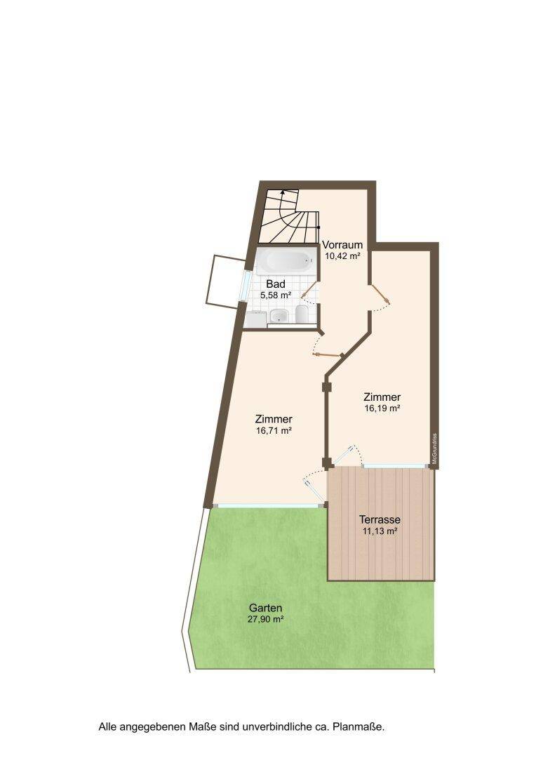 Grundriss mit zwei Zimmern, Bad, Vorraum, Terrasse und Gartenbereich, inklusive Treppenaufgang.