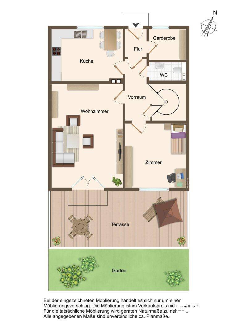 Grundriss des Erdgeschosses mit Küche, Wohnzimmer, Zimmer, WC und Terrasse.