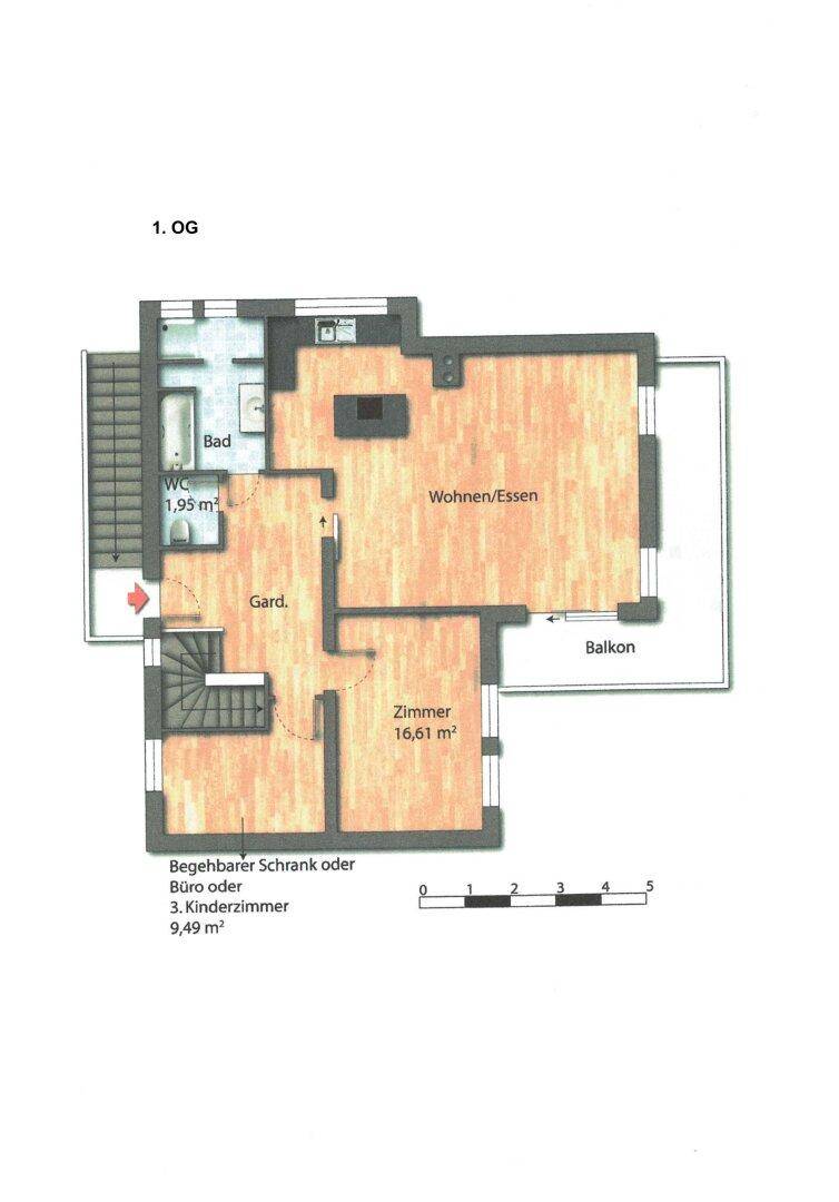 Grundriss des ersten Obergeschosses mit Wohn-/Essbereich, Bad, WC, Zimmer und Balkon.