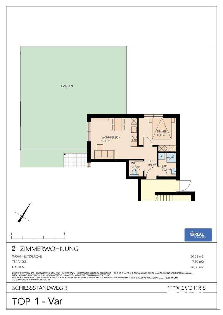 Grundriss einer 2-Zimmer-Wohnung mit Wohnbereich, Bad, WC und großem Garten.
