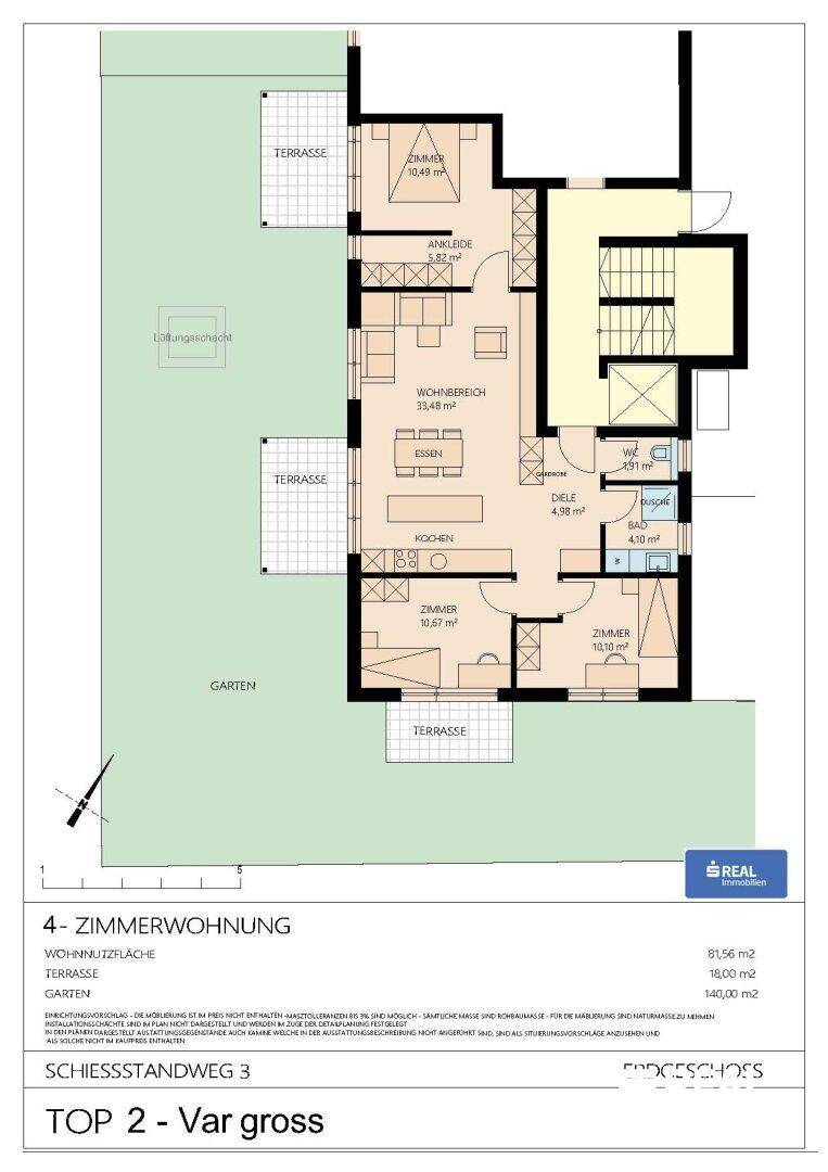 Grundriss einer 4-Zimmer-Wohnung im Erdgeschoss mit offenem Wohnbereich, Terrassen und Garten.