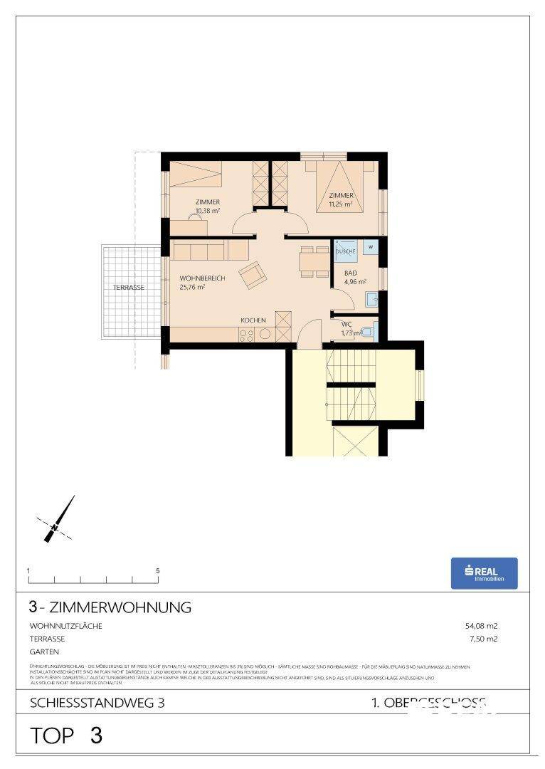 Grundriss einer 3-Zimmer-Wohnung im Obergeschoss mit Terrasse und Gartenanteil.