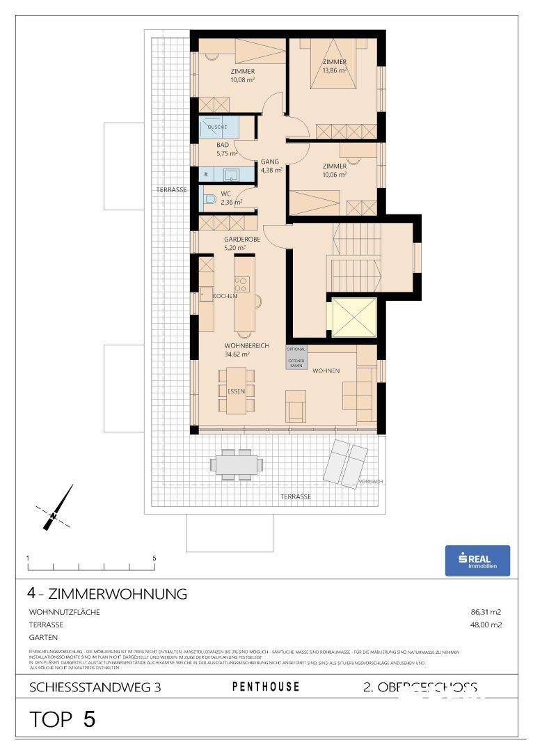 Grundriss einer 4-Zimmer-Wohnung mit offenem Wohnbereich, zwei Terrassen und Gartenanteil.