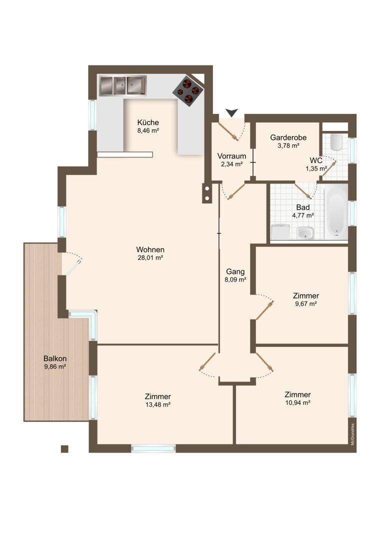 Detaillierter Grundriss der Wohnung mit Küche, Wohnzimmer, drei Zimmern und Balkon.