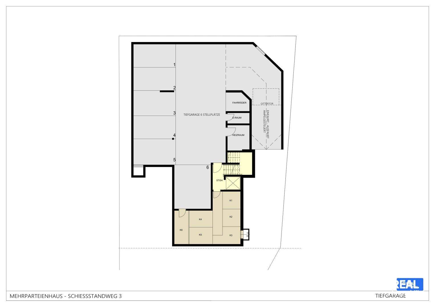 Grundriss einer Tiefgarage mit mehreren Stellplätzen und zugehörigen Abstellräumen.