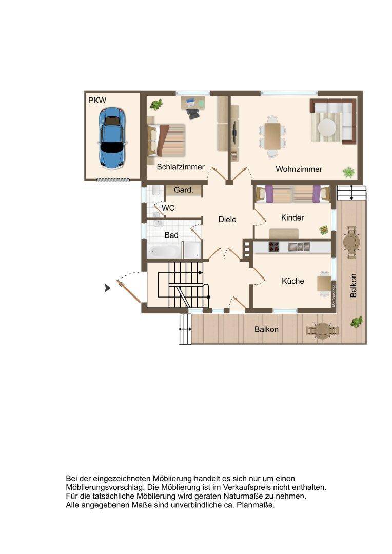Detaillierter Grundriss der Wohnung mit Schlafzimmern, Wohnzimmer, Küche und Balkonen.