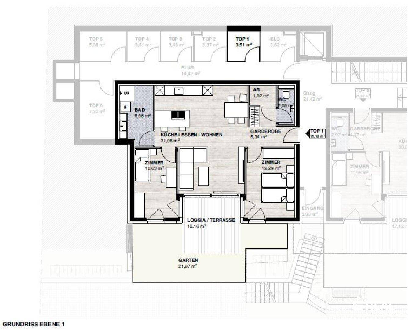 Detaillierter Grundriss von TOP 1 mit offenem Wohnbereich, zwei Zimmern, Loggia und Garten.