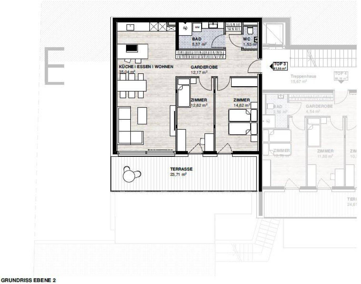 Grundriss einer Wohnung mit offenem Wohnbereich, zwei Schlafzimmern und einer großen Terrasse.